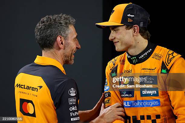 Andrea Stella, Team Principal of McLaren and Race winner Oscar Piastri of Australia and McLaren in parc ferme during the F1 Grand Prix of Bahrain at...