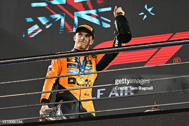 Race winner Oscar Piastri of Australia and McLaren leaves the podium during the F1 Grand Prix of Bahrain at Bahrain International Circuit on April...