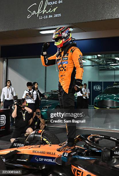 Race winner Oscar Piastri of Australia and McLaren celebrates in parc ferme during the F1 Grand Prix of Bahrain at Bahrain International Circuit on...