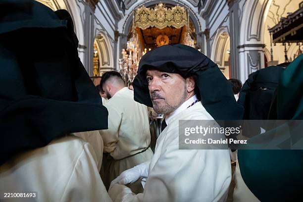 Antonio Banderas attends the Maria Santisima de Lagrimas y Favores procession at San Juan Bautista church during Holy Week celebrations on April 13,...