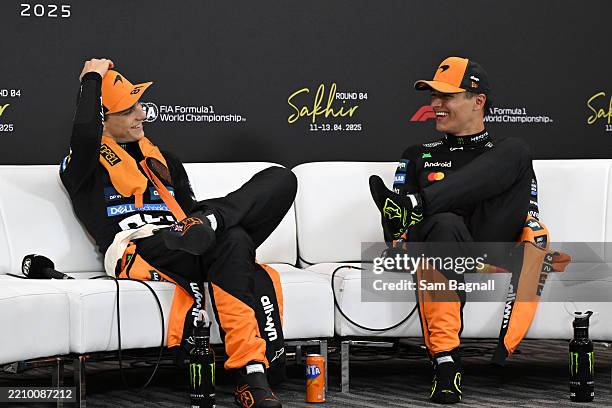 Race winner Oscar Piastri of Australia and McLaren and Third placed Lando Norris of Great Britain and McLaren talk in the Drivers Press Conference...