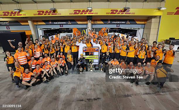 Race winner Oscar Piastri of Australia and McLaren and Third placed Lando Norris of Great Britain and McLaren celebrate with their team after the F1...