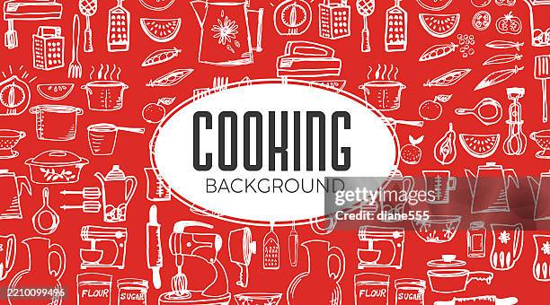 retro doodled kitchen objects background banner - red kettle stock illustrations