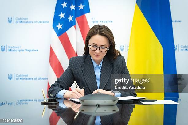 Ukrainian Minister of Economic Development and Trade, Yulia Svyrydenko and the US Secretary of Treasury, Scott Bessent sign the rare earth minerals...
