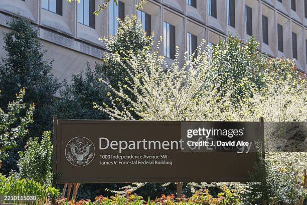 Sign marks the U.S. Department of Energy Headquarters Building on April 13 in Washington, DC.