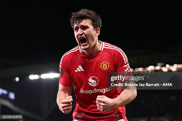 Harry Maguire of Manchester United celebrates after scoring a goal to make it 5-4 during the UEFA Europa League 2024/25 Quarter Final Second Leg...