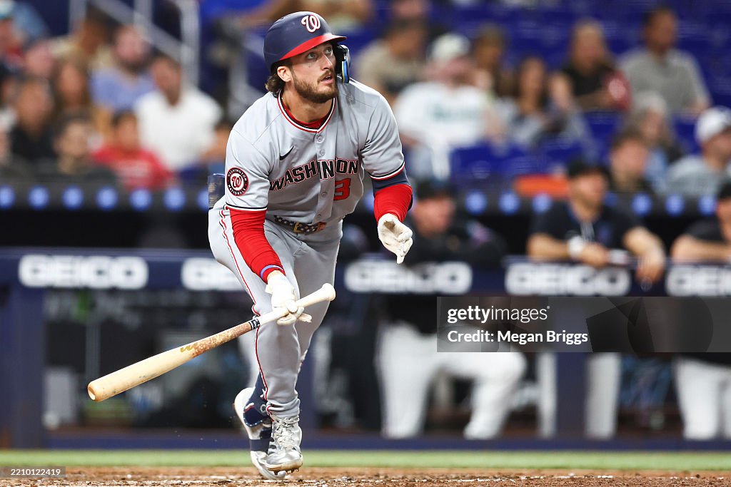 Okyd Dylan Crews of the Washington Nationals runs to first base against ...