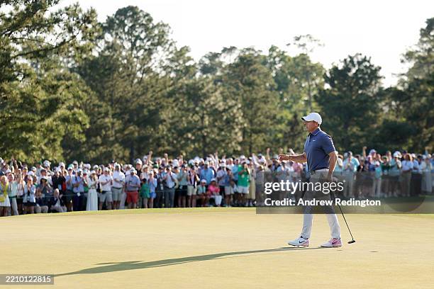 Rory McIlroy of Northern Ireland acknowledges the crowd on the 17th hole during the final round of the 2025 Masters Tournament at Augusta National...