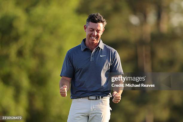 Rory McIlroy of Northern Ireland celebrates winning the 2025 Masters Tournament after the first playoff hole at Augusta National Golf Club on April...