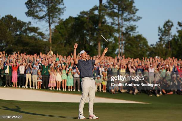 Rory McIlroy of Northern Ireland celebrates winning the 2025 Masters Tournament after the first playoff hole on the 18th green at Augusta National...