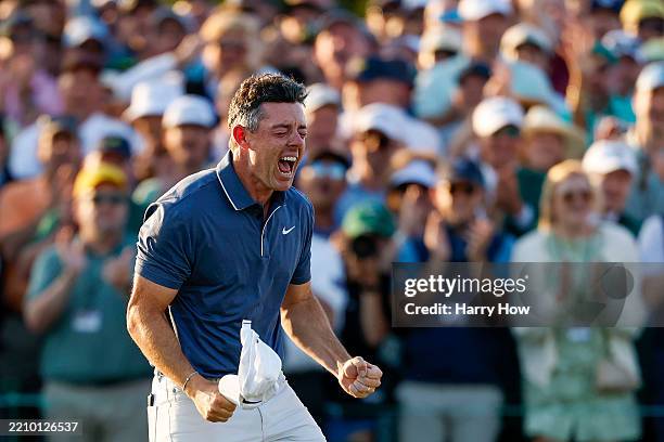 Rory McIlroy of Northern Ireland celebrates winning the 2025 Masters Tournament after the first playoff hole on the 18th green at Augusta National...