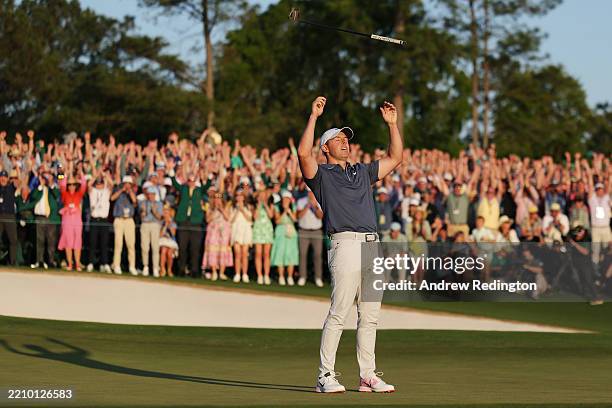Rory McIlroy of Northern Ireland celebrates winning the 2025 Masters Tournament after the first playoff hole at Augusta National Golf Club on April...