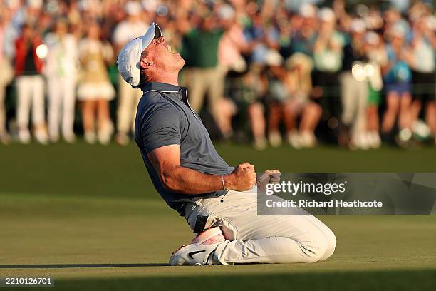 Rory McIlroy of Northern Ireland celebrates winning the 2025 Masters Tournament after the first playoff hole on the 18th green at Augusta National...