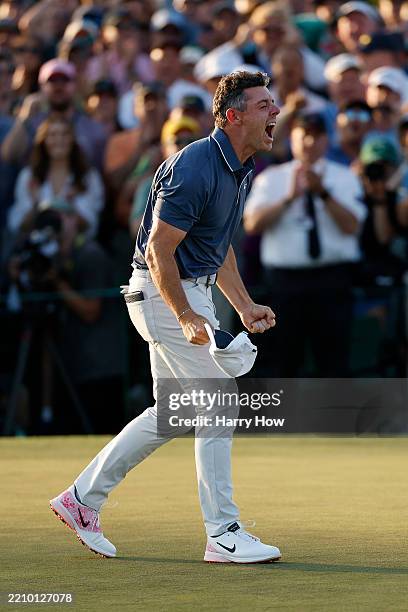 Rory McIlroy of Northern Ireland celebrates winning the 2025 Masters Tournament after the first playoff hole on the 18th green at Augusta National...