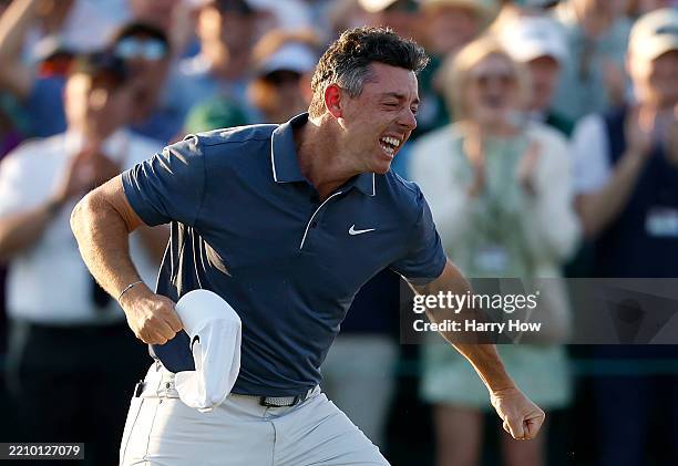 Rory McIlroy of Northern Ireland celebrates winning the 2025 Masters Tournament after the first playoff hole on the 18th green at Augusta National...