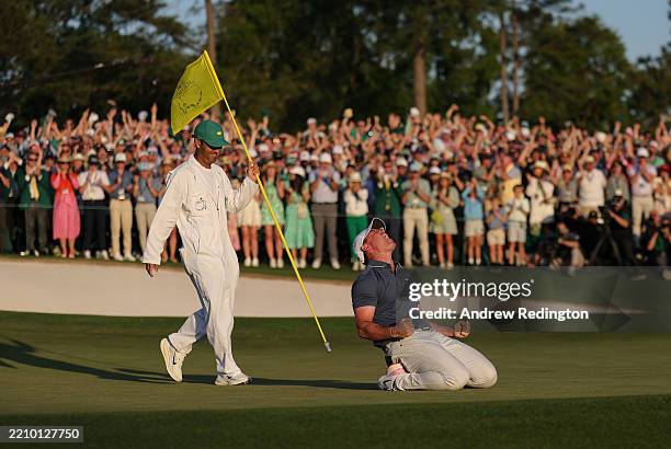 Rory McIlroy of Northern Ireland celebrates winning the 2025 Masters Tournament after the playoff hole on the 18th green at Augusta National Golf...