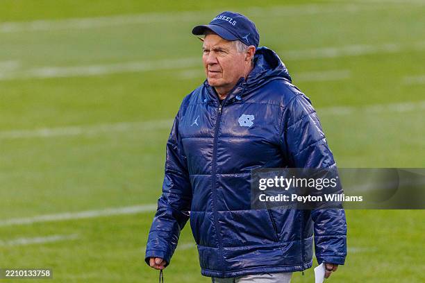Head coach Bill Belichick of the North Carolina Tar Heels coaches at Kenan Stadium on April 12, 2025 in Chapel Hill, North Carolina.