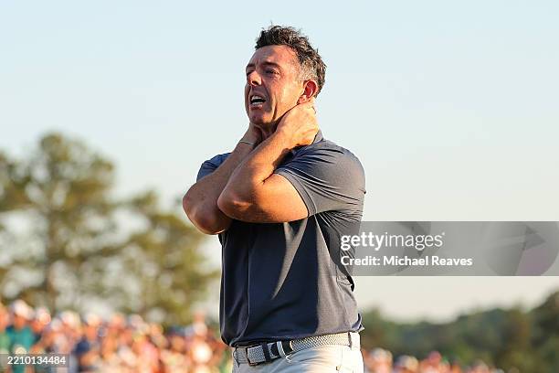 Rory McIlroy of Northern Ireland celebrates winning the 2025 Masters Tournament after the playoff hole on the 18th green at Augusta National Golf...