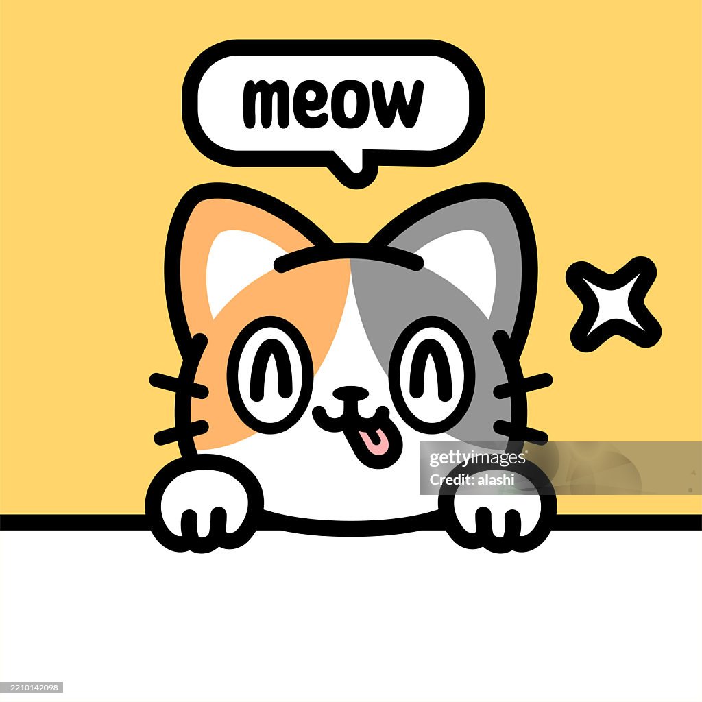 A smiling cute cat, sticking out its tongue, behind a blank sign, climbing up the wall, or peeking over the table, looking at the viewer. Front view, black outline with flat colors, minimalist style