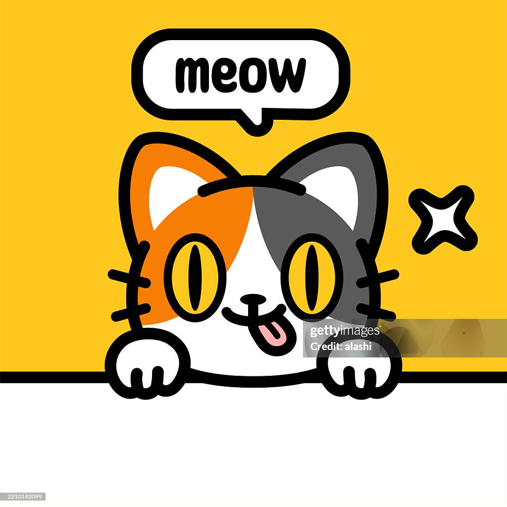A smiling cute cat, sticking out its tongue, behind a blank sign, climbing up the wall, or peeking over the table, looking at the viewer. Front view, black outline with flat colors, minimalist style