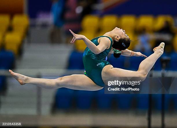 Odinakhon Robidjonova of Uzbekistan competes in the women's Floor Exercise qualifying round of the 17th FIG Artistic Gymnastics World Cup in Doha,...