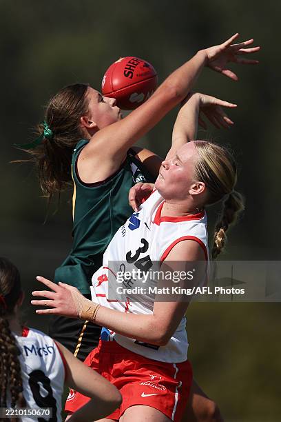 Ella Tyack of Sydney Swans Aademy competes for the ball against Imogen Verdouw of Tasmania during the Marsh AFL National Development Championship U16...