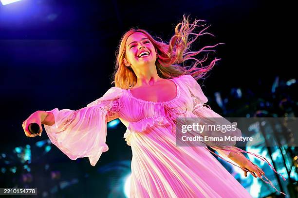 Addison Rae performs with Arca at the Gobi Tent during the 2025 Coachella Valley Music and Arts Festival at Empire Polo Club on April 13, 2025 in...