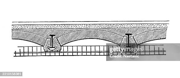 vaulted ceiling with solid iron beams - wooden bridge stock illustrations