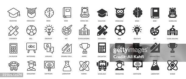 ilustraciones, imágenes clip art, dibujos animados e iconos de stock de colección de educación, escuela, universidad, graduación, aprendizaje, línea delgada de libro e icono sólido de glifo. trazo editable y píxel perfecto aislado sobre fondo transparente - escuela preescolar