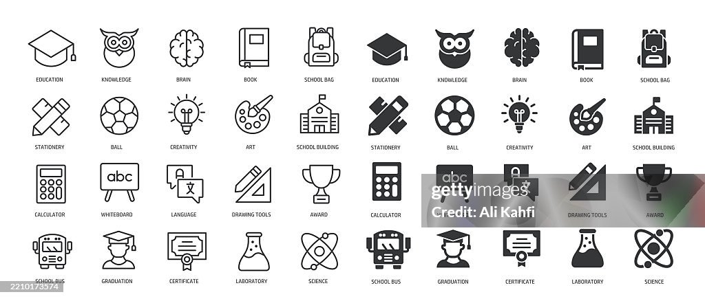 Collection d’éducation, d’école, d’université, de remise de diplôme, d’apprentissage, de livre fine et d’icône solide de glyphe. Trait modifiable et pixel parfait isolé sur fond transparent