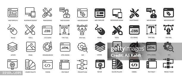 ilustraciones, imágenes clip art, dibujos animados e iconos de stock de colección de codificación de diseño web, desarrollo, proyecto, plantilla, línea delgada del sitio web e icono sólido de glifo. trazo editable y píxel perfecto aislado sobre fondo transparente - diseño web adaptable