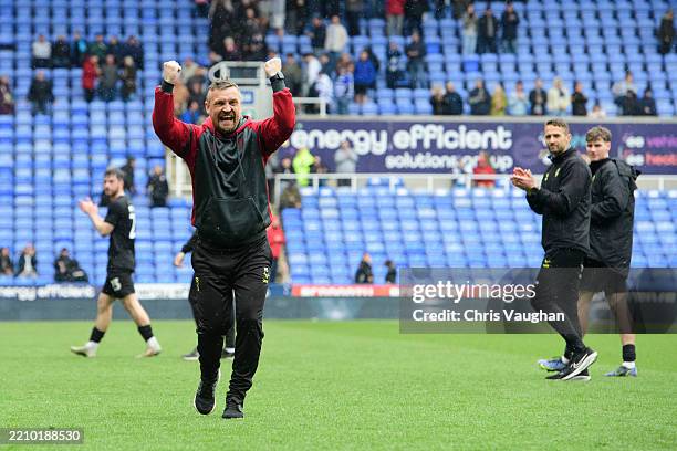 Michael Skubala, head coach of Lincoln City celebrates following the Sky Bet League One match between Reading FC and Lincoln City FC at Select Car...