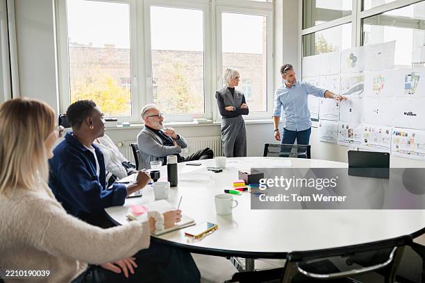 male architect leading visual presentation during office team discussion - mesa redonda imagens e fotografias de stock