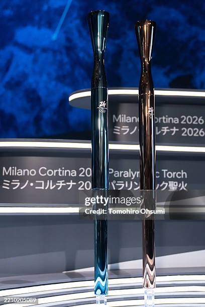 Milano Cortina Olympic and Paralympic torches are unveiled at the Expo 2025 Osaka Italy Pavillion on April 14, 2025 in Osaka, Japan.