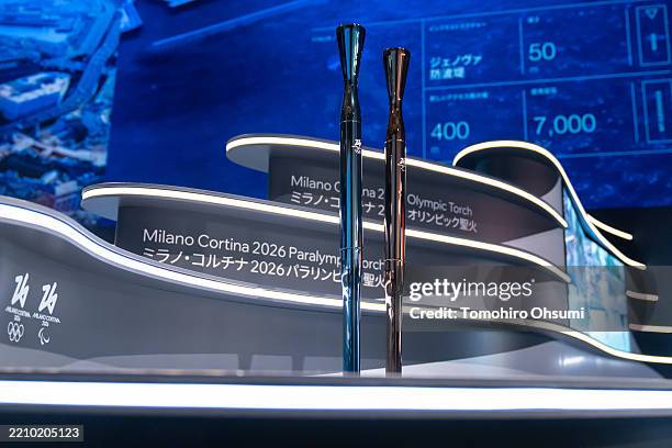 Milano Cortina Olympic and Paralympic torches are unveiled at the Expo 2025 Osaka Italy Pavillion on April 14, 2025 in Osaka, Japan.