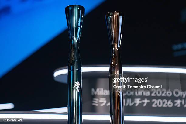 Milano Cortina Olympic and Paralympic torches are unveiled at the Expo 2025 Osaka Italy Pavillion on April 14, 2025 in Osaka, Japan.