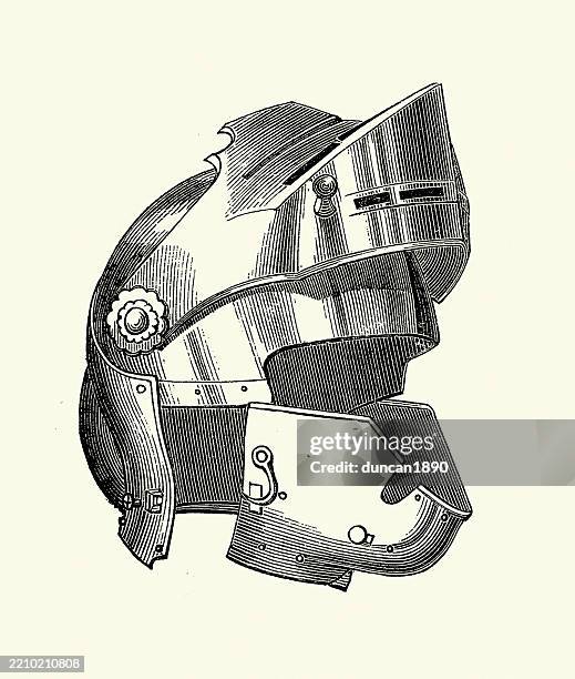 history of medieval armour, knight helmet with visor, 16th century - knight helmet stock illustrations