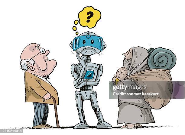 how artificial intelligence will affect employment - displaced persons camp stock illustrations