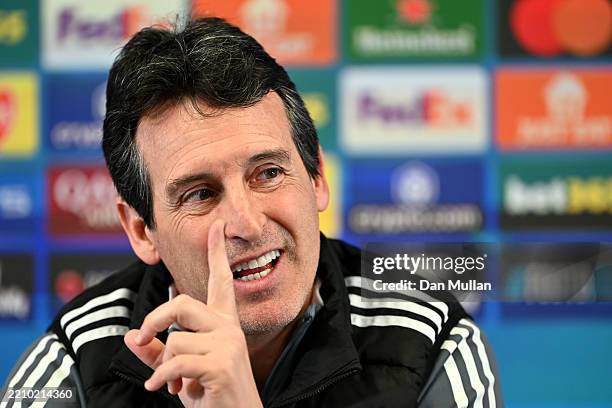 Unai Emery, Manager of Aston Villa, talks during a press conference ahead of their UEFA Champions League 2024/25 quarter final second leg match...