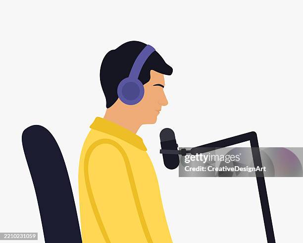 side view of male podcaster recording podcast in studio - radio dj stock illustrations