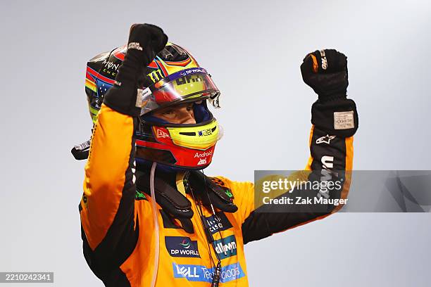 Race winner Oscar Piastri of Australia and McLaren celebrates on arrival in parc ferme during the F1 Grand Prix of Bahrain at Bahrain International...