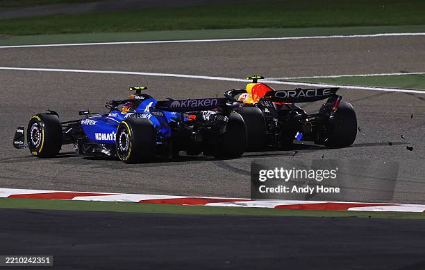 Carlos Sainz of Spain driving the Williams FW47 Mercedes and Yuki Tsunoda of Japan driving the Oracle Red Bull Racing RB21 make contact and clash on...