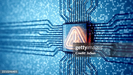 Glowing warning symbol inside a computer chip with data lines and binary code. System alert, malware, or cyber threat. 3d render. Glowing warning symbol inside a computer chip with data lines and binary code. System alert, malware, or cyber threat. 3d render.