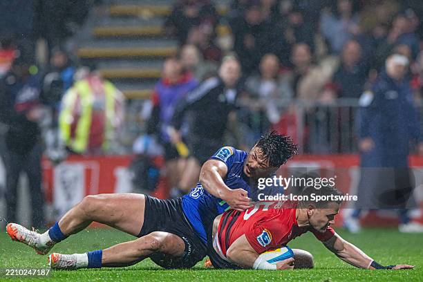Christchurch, NEW ZEALAND Crusaders player Will Jordan scores a try during the Super Rugby Round 10 Fixture between the Crusaders and Blues at the...