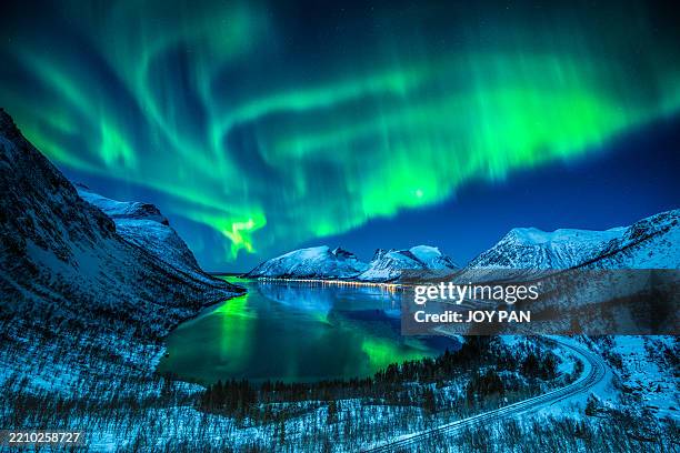arctic symphony & dancing lights over northern norway - fjord stock pictures, royalty-free photos & images