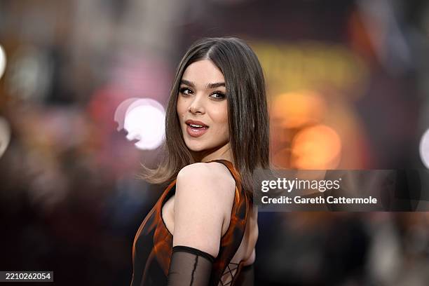 Hailee Steinfeld attends the "Sinners" European Premiere at the Cineworld Leicester Square on April 14, 2025 in London, England.