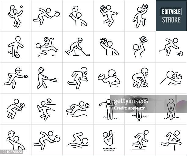 stockillustraties, clipart, cartoons en iconen met sport athletes thin line icons - editable stroke - icons include a tennis player, basketball player, soccer player, hockey player, bowler, baseball player, football player, volleyball player, golfer, pickle ball player, swimmer, diver, runner, tennis, bas - golf sport