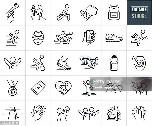 marathon thin line icons - editable stroke - icons include runners, competition, cross country race, distance running, running shoes, race medal, finisher, winner, race course, race training, preparation, dedication, endurance - cross country icons stock illustrations
