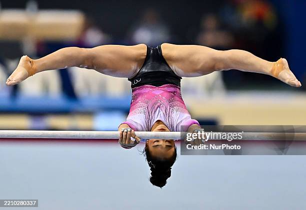 Hoi Yuen Joanne Chen of Hong Kong, China, competes in the women's Uneven Bars Final of the 17th FIG Artistic Gymnastics World Cup in Doha, Qatar, on...