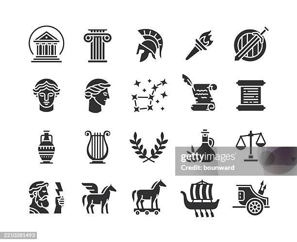 illustrations, cliparts, dessins animés et icônes de icônes noires plates de la grèce antique. vecteur - style grec classique